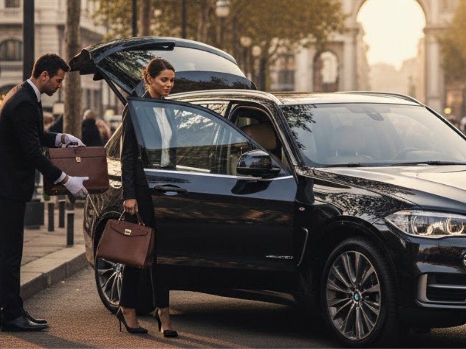 Auto NCC in sosta davanti a negozi di lusso per tour di shopping a Milano