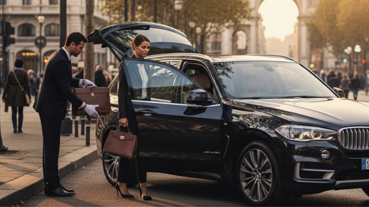 Auto NCC in sosta davanti a negozi di lusso per tour di shopping a Milano