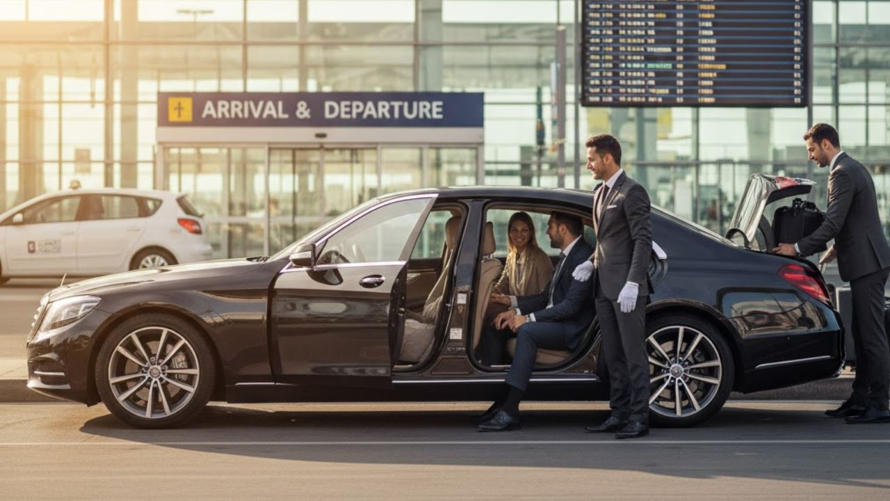 Auto Noleggio con Conducente (NCC) di lusso in attesa davanti a un aeroporto
